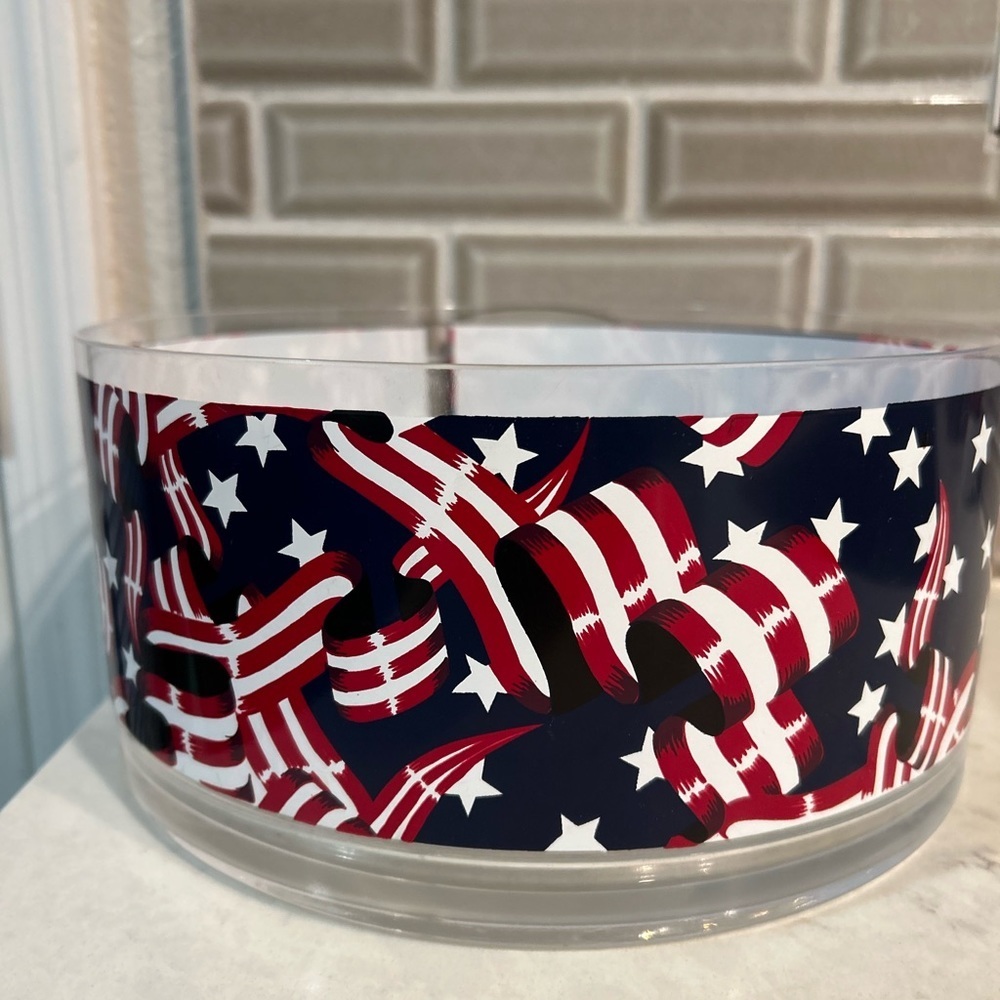 Patriot Large serving bowl. On the  outside Blue red white W a clear bottom.